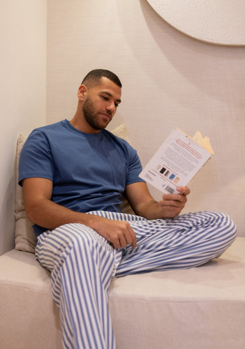 Men summer pajama set Indigo T-shirt + Indigo X White Striped Pants